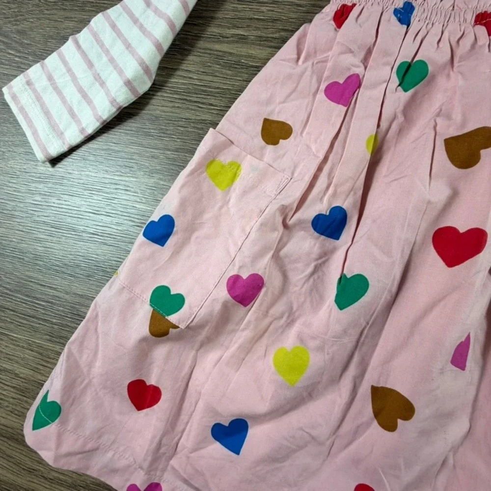 Mini Boden Girls Pink Striped Heart Print Long Sleeve Mixed Media Dress 7/8